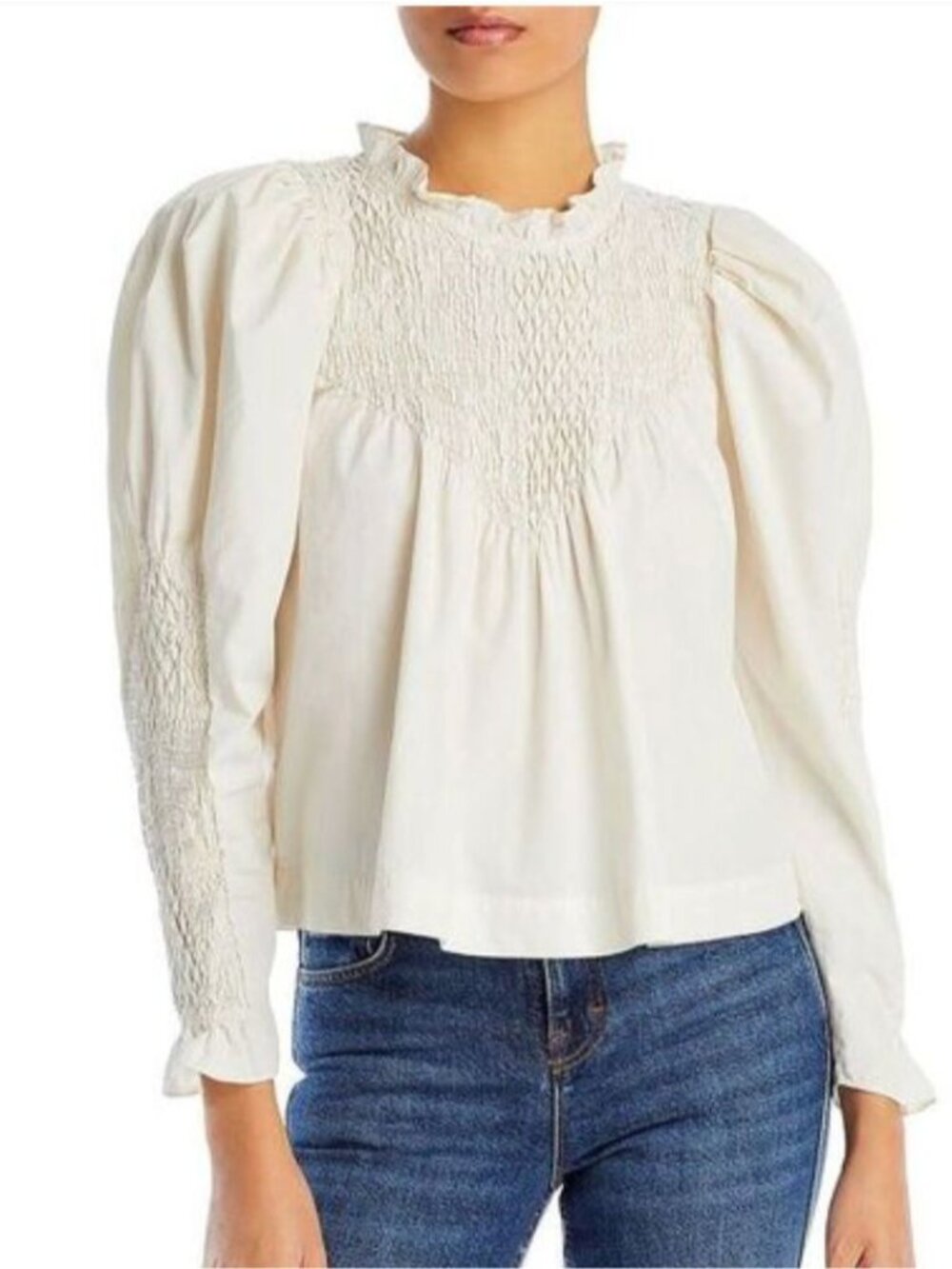 NWT Sea New York Casey Hand Smocked Long Puff Sleeve Blouse Top in Ivory L
